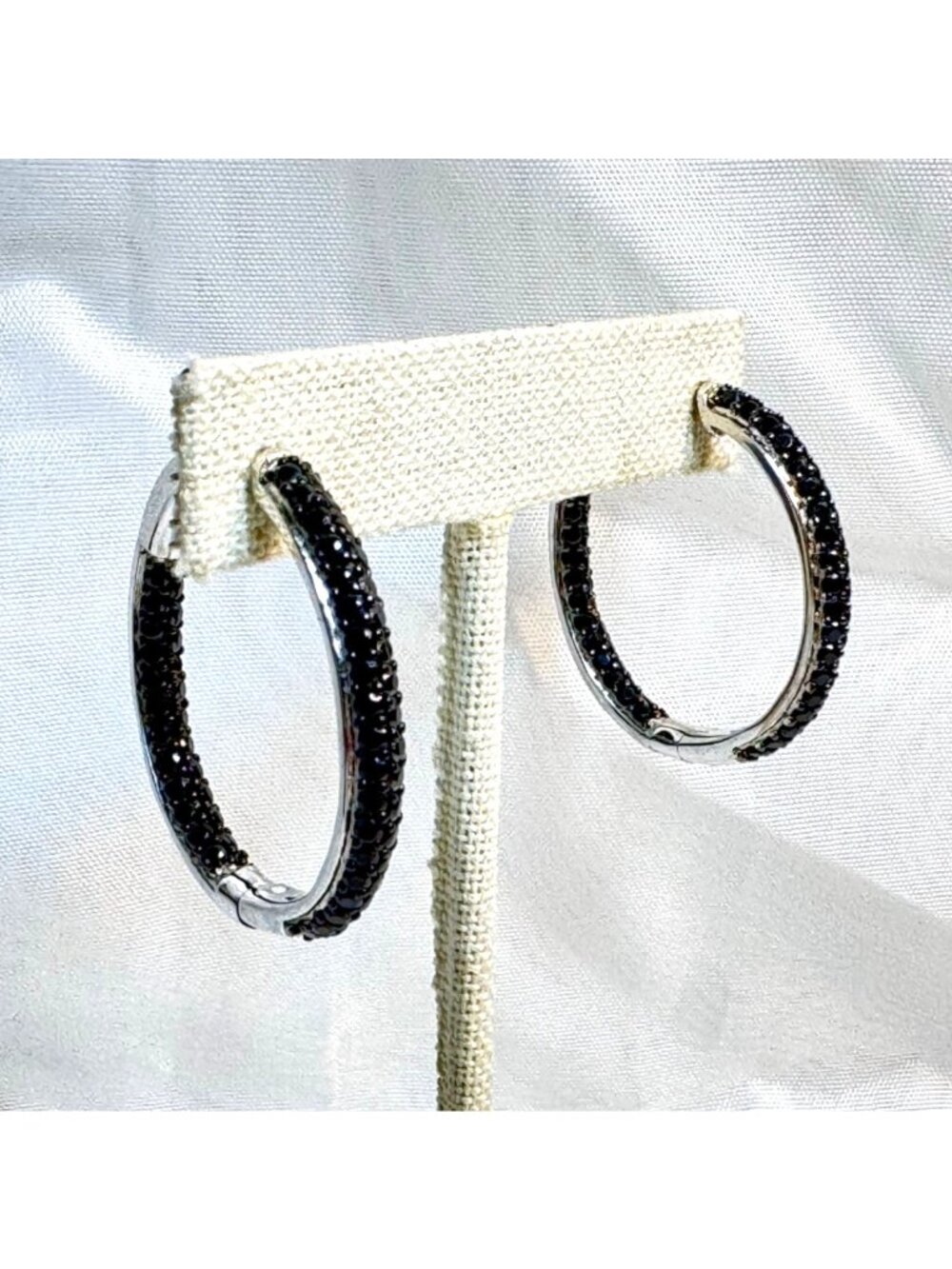 Black Cubic Zirconia Hinged Hoop Earrings Sterling Silver 925 Size 1.25''
